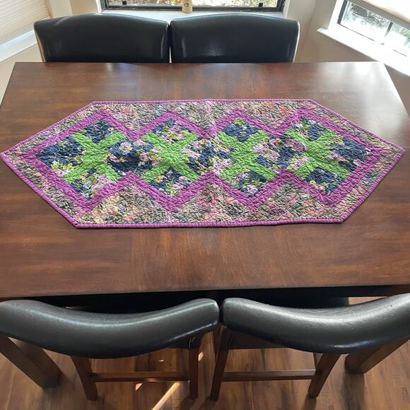 Handmade Quilted Table Runner Purple Green Reversible Floral Cottagecore 20"x49" - Picture 1 of 4